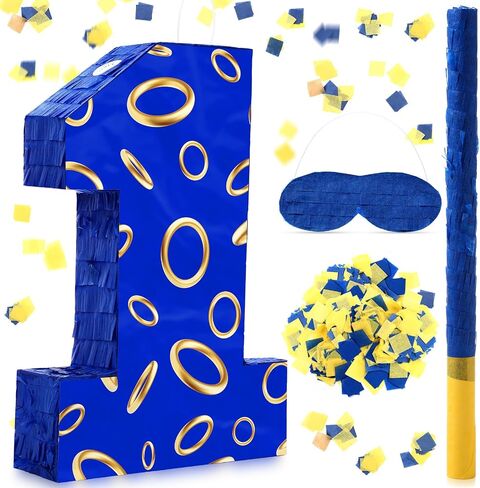Number 5 Blue and Golden Rings Piñata for Kids Birthday Cartoon Theme Small Piñata with Blindfold Stick Confetti for Fiesta Cinco De Mayo Party Decor, 15.8 x 11 x 2.8 Inch in Saudi Arabia