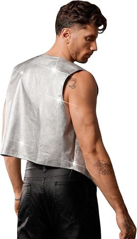 SHENHE Men's Metallic Sequin Fringe Vest Open Front Sleeveless Loose Jacket Rave Clubwear in Saudi Arabia