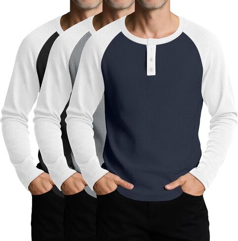 3 Pack Men's Waffle Henley Shirts Raglan Long Sleeve T-Shirts Casual Crewneck Regular Fit Baseball Tee in Kuwait