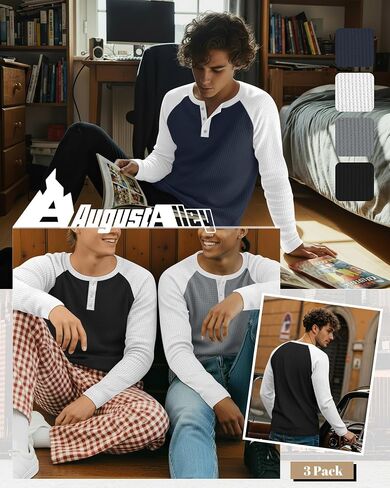 3 Pack Men's Waffle Henley Shirts Raglan Long Sleeve T-Shirts Casual Crewneck Regular Fit Baseball Tee in Kuwait