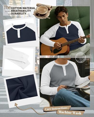 3 Pack Men's Waffle Henley Shirts Raglan Long Sleeve T-Shirts Casual Crewneck Regular Fit Baseball Tee in Kuwait