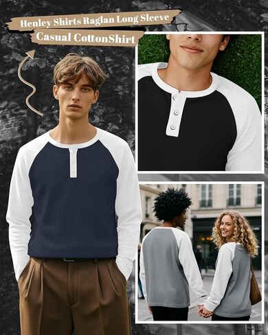 3 Pack Men's Waffle Henley Shirts Raglan Long Sleeve T-Shirts Casual Crewneck Regular Fit Baseball Tee in Kuwait