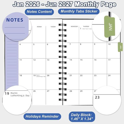 Monthly Planner 2025-2026 (7.4'' x 9.6''), Jul 2025-Dec 2026, 18 Months Calendar Academic Planner, Agenda with Bookmark & Pocket, Perfect for School & Work, 120GSM Paper, Black in Saudi Arabia