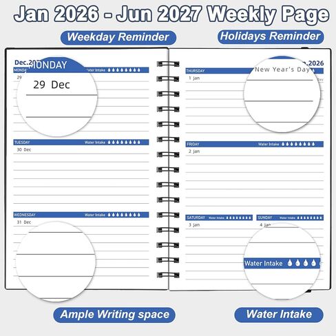 Monthly Planner 2025-2026 (7.4'' x 9.6''), Jul 2025-Dec 2026, 18 Months Calendar Academic Planner, Agenda with Bookmark & Pocket, Perfect for School & Work, 120GSM Paper, Black in Saudi Arabia