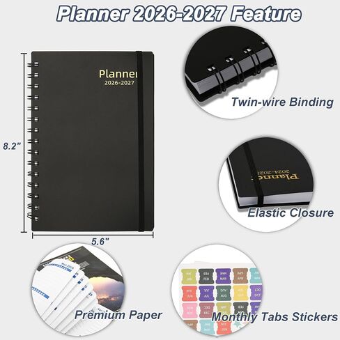 Monthly Planner 2025-2026 (7.4'' x 9.6''), Jul 2025-Dec 2026, 18 Months Calendar Academic Planner, Agenda with Bookmark & Pocket, Perfect for School & Work, 120GSM Paper, Black in Saudi Arabia