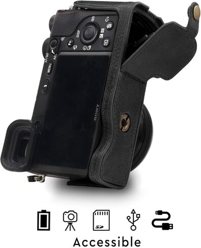 MegaGear MG1642 Ever Ready نصف حافظة كاميرا من الجلد الطبيعي متوافقة مع Sony Alpha A6100، A6400 - بني in Kuwait