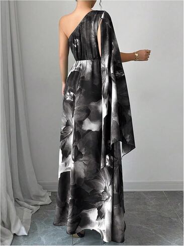 GORGLITTER Women's One Shoulder Wedding Guest A Line Maxi Dress Floral Cocktail Long Bridesmaid Dress with Cape in Kuwait