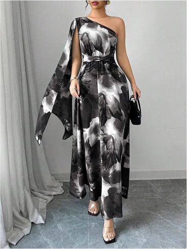 GORGLITTER Women's One Shoulder Wedding Guest A Line Maxi Dress Floral Cocktail Long Bridesmaid Dress with Cape in Kuwait