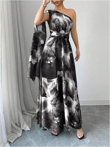GORGLITTER Women's One Shoulder Wedding Guest A Line Maxi Dress Floral Cocktail Long Bridesmaid Dress with Cape in Kuwait