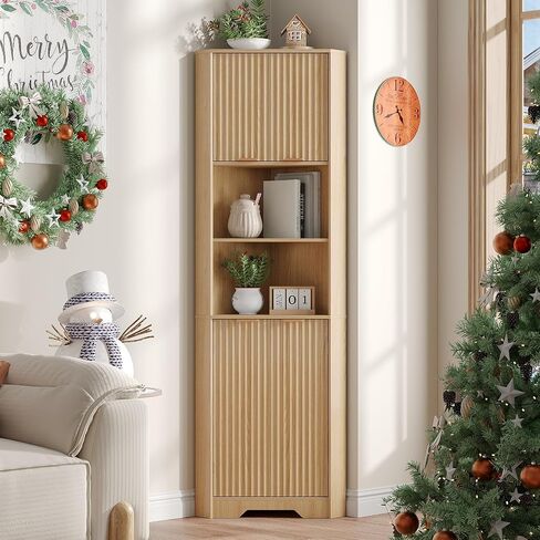 Fameill Tall Corner Cabinet with 2 Doors and 2 Open Storage Shelves, 68" Corner Storage Cabinet with Fluted Door Design, Home Space Saver for Living Room, Bathroom, Kitchen, Laundry, Natural Oak Color in Saudi Arabia
