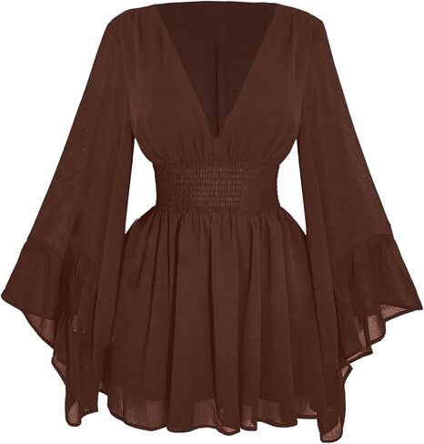 GORGLITTER Women's Plus Size Renaissance Dress Mesh Bell Long Sleeve Deep V Smocked Waist Medieval Peasant Dresses in Saudi Arabia