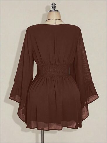 GORGLITTER Women's Plus Size Renaissance Dress Mesh Bell Long Sleeve Deep V Smocked Waist Medieval Peasant Dresses in Saudi Arabia