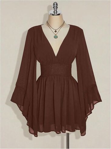 GORGLITTER Women's Plus Size Renaissance Dress Mesh Bell Long Sleeve Deep V Smocked Waist Medieval Peasant Dresses in Saudi Arabia