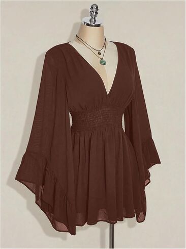 GORGLITTER Women's Plus Size Renaissance Dress Mesh Bell Long Sleeve Deep V Smocked Waist Medieval Peasant Dresses in Saudi Arabia