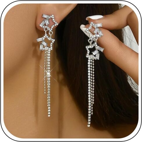Star Earrings for Women Sparkly Star Long Tassel Earrings Silver Dangle Earring Halloween Costume Jewelry Trendy Christmas Party Prom Jewelry Gifts in Saudi Arabia