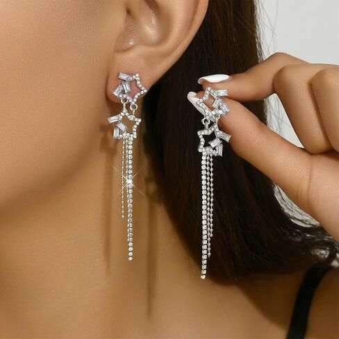Star Earrings for Women Sparkly Star Long Tassel Earrings Silver Dangle Earring Halloween Costume Jewelry Trendy Christmas Party Prom Jewelry Gifts in Saudi Arabia