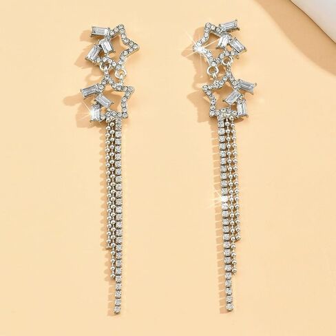 Star Earrings for Women Sparkly Star Long Tassel Earrings Silver Dangle Earring Halloween Costume Jewelry Trendy Christmas Party Prom Jewelry Gifts in Saudi Arabia