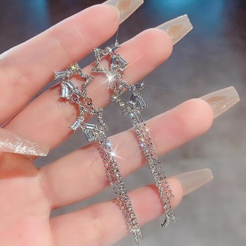 Star Earrings for Women Sparkly Star Long Tassel Earrings Silver Dangle Earring Halloween Costume Jewelry Trendy Christmas Party Prom Jewelry Gifts in Saudi Arabia