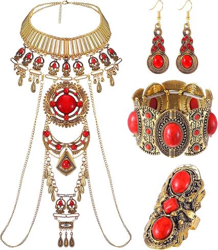 4 Pieces Boho Jewelry Set Includes Boho Statement Turquoise Necklace Body Chains Alloy Oval Resin Drop Dangle Earrings Adjustable Heart Compressed Turquoise Bracelet Turquoise Statement Ring for Women in Kuwait