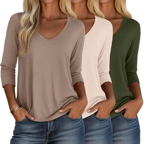 Huukeay 3 Pack Women's 3/4 Sleeve T-Shirts, V Neck Casual Tops Loose Fit Tunic Basic Tees 3/4 Length Sleeve Soft Blouses in Kuwait