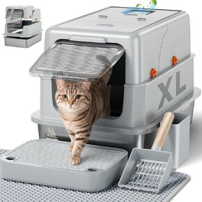 Stainless Steel Litter Box with Lid - XL Enclosed Litter Box for Cats with Collecting Mat - 4 Way Setup Fully Closed, Semi Low, High & Open Kitty Boxes, Leak Proof Metal LitterBox (Black) in Saudi Arabia