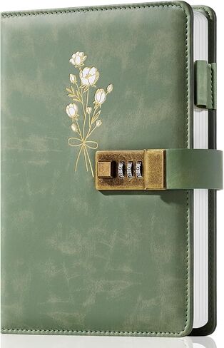 مذكرات قفل للنساء مذكرات مع قفل للفتيات A5 Leather Locked Journal 260 صفحة 100 GSM مجلة قابلة لإعادة الملء مع قفل لأسرار المراهقة المجلات الزهرة مع كلمات مرور مزيج ، 5.7 "x8.3" ، الأخضر in Kuwait