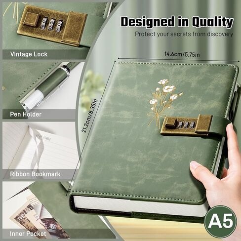 مذكرات قفل للنساء مذكرات مع قفل للفتيات A5 Leather Locked Journal 260 صفحة 100 GSM مجلة قابلة لإعادة الملء مع قفل لأسرار المراهقة المجلات الزهرة مع كلمات مرور مزيج ، 5.7 "x8.3" ، الأخضر in Kuwait