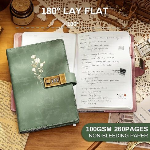 مذكرات قفل للنساء مذكرات مع قفل للفتيات A5 Leather Locked Journal 260 صفحة 100 GSM مجلة قابلة لإعادة الملء مع قفل لأسرار المراهقة المجلات الزهرة مع كلمات مرور مزيج ، 5.7 "x8.3" ، الأخضر in Kuwait