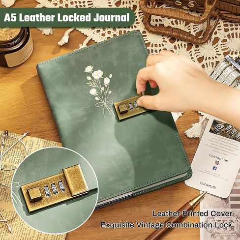 مذكرات قفل للنساء مذكرات مع قفل للفتيات A5 Leather Locked Journal 260 صفحة 100 GSM مجلة قابلة لإعادة الملء مع قفل لأسرار المراهقة المجلات الزهرة مع كلمات مرور مزيج ، 5.7 "x8.3" ، الأخضر in Kuwait