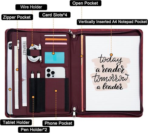 منظم محفظة من 3 حلقات ، موثق محفظة رنين ، محفظة مع Notepad ، مجلد A4 Padfolio مع محفظة Zipper.Business Professional ، وثيقة مخطط للسيرة الذاتية/المقابلة (براون داكن). in Kuwait