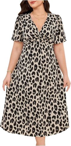Floerns Women's Plus Size Cheetah Midi Dress Twist Front V Neck Short Sleeve A Line Dresses in Saudi Arabia