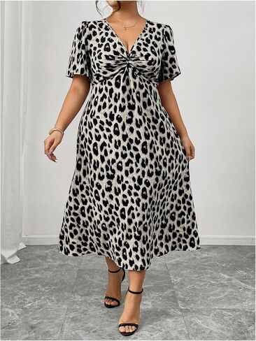 Floerns Women's Plus Size Cheetah Midi Dress Twist Front V Neck Short Sleeve A Line Dresses in Saudi Arabia