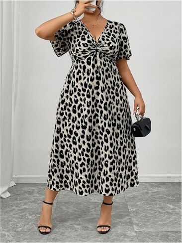 Floerns Women's Plus Size Cheetah Midi Dress Twist Front V Neck Short Sleeve A Line Dresses in Saudi Arabia