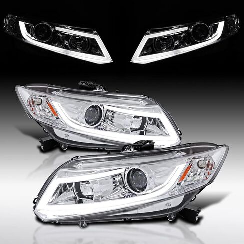 Autozensation متوافق مع 2012-2013 Honda Civic Coupe، 2012-2015 Honda Civic Sedan، مجموعة المصابيح الأمامية اليسرى + اليمنى، مصابيح أمامية لجهاز عرض الدخان الأسود اللامع مع شريط إضاءة LED in Kuwait