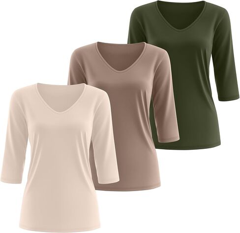 Huukeay 3 Pack Women's 3/4 Sleeve T-Shirts, V Neck Casual Tops Loose Fit Tunic Basic Tees 3/4 Length Sleeve Soft Blouses in Kuwait