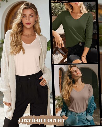 Huukeay 3 Pack Women's 3/4 Sleeve T-Shirts, V Neck Casual Tops Loose Fit Tunic Basic Tees 3/4 Length Sleeve Soft Blouses in Kuwait