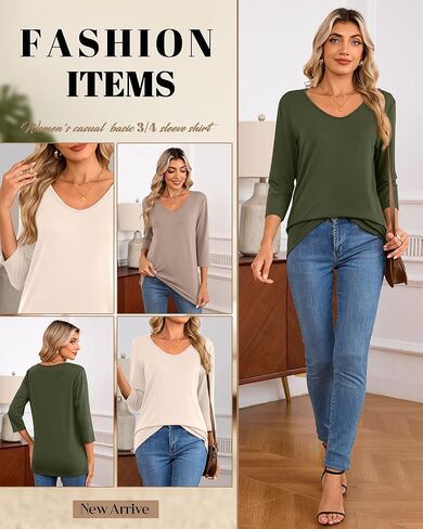 Huukeay 3 Pack Women's 3/4 Sleeve T-Shirts, V Neck Casual Tops Loose Fit Tunic Basic Tees 3/4 Length Sleeve Soft Blouses in Kuwait