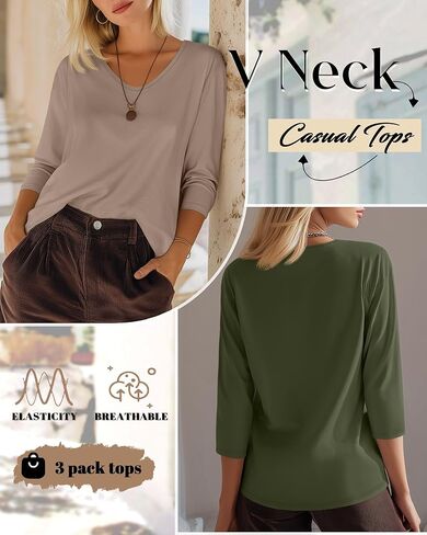 Huukeay 3 Pack Women's 3/4 Sleeve T-Shirts, V Neck Casual Tops Loose Fit Tunic Basic Tees 3/4 Length Sleeve Soft Blouses in Kuwait
