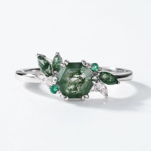 WES Ring for women, Natural Kite Cut Moss Agate 925 Sterling Silver Open Rings For Women Green Gems Engagement Wedding Jewelry Gift in Saudi Arabia
