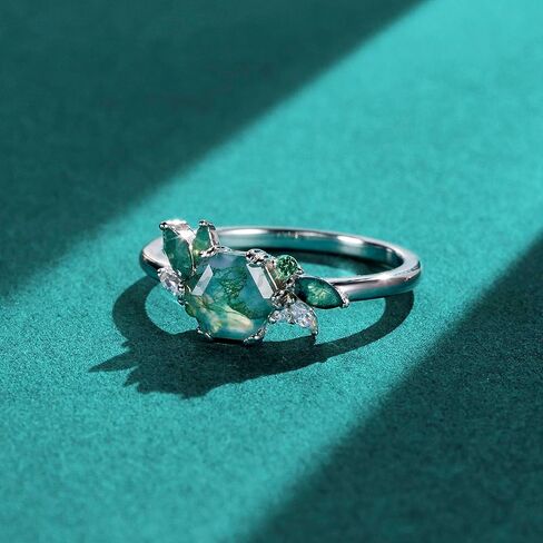 WES Ring for women, Natural Kite Cut Moss Agate 925 Sterling Silver Open Rings For Women Green Gems Engagement Wedding Jewelry Gift in Saudi Arabia