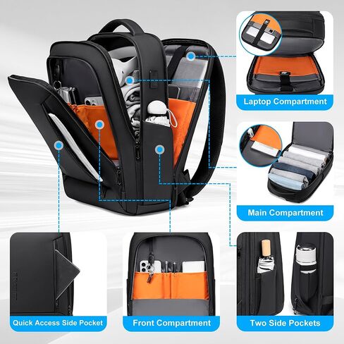 حقيبة ظهر للسفر تجارية للرجال ، حقيبة ظهر محمول مقاومة للمياه مقاومة للمياه 17 بوصة مع منفذ USB ، حقيبة ظهر للكمبيوتر أسود للكلية/العمل in Kuwait