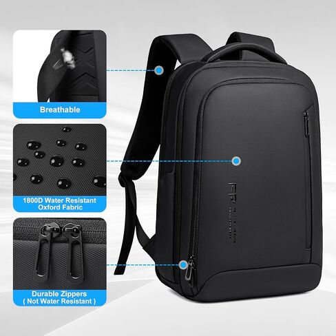 حقيبة ظهر للسفر تجارية للرجال ، حقيبة ظهر محمول مقاومة للمياه مقاومة للمياه 17 بوصة مع منفذ USB ، حقيبة ظهر للكمبيوتر أسود للكلية/العمل in Kuwait