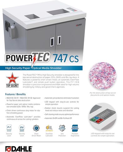 Dahle Powertec 707 PS Paper Shredder ، P-7 Super Micro Cut ، NSA/CSS 02-01 لمستندات سرية أعلى ، حماية المربى ، زيت السيارات ، 3.5 حصان ، 11 ورقة كحد أقصى in Saudi Arabia