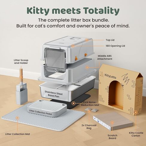 Stainless Steel Litter Box with Lid - XL Enclosed Litter Box for Cats with Collecting Mat - 4 Way Setup Fully Closed, Semi Low, High & Open Kitty Boxes, Leak Proof Metal LitterBox (Black) in Saudi Arabia