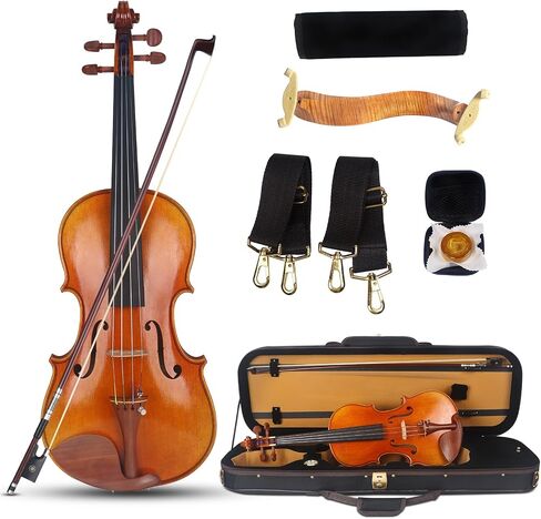 AKLOT Handcrafted Full Size Violin: Solid Wood Matte Fiddle, Acoustic Beginner 4/4 Violin Kit with Hard Case, Lesson Book, Bow, Shoulder Rest, Extra Strings, Tuner, Fretboard Stickers (VRT-AmiMS) in Saudi Arabia