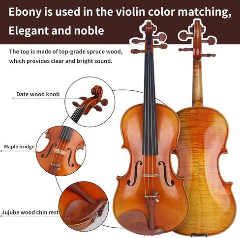AKLOT Handcrafted Full Size Violin: Solid Wood Matte Fiddle, Acoustic Beginner 4/4 Violin Kit with Hard Case, Lesson Book, Bow, Shoulder Rest, Extra Strings, Tuner, Fretboard Stickers (VRT-AmiMS) in Saudi Arabia