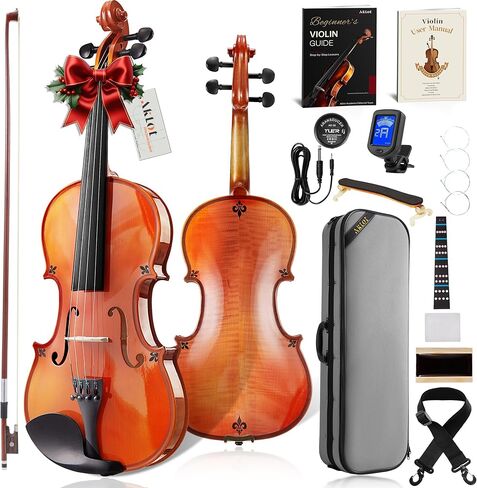 AKLOT Handcrafted Full Size Violin: Solid Wood Matte Fiddle, Acoustic Beginner 4/4 Violin Kit with Hard Case, Lesson Book, Bow, Shoulder Rest, Extra Strings, Tuner, Fretboard Stickers (VRT-AmiMS) in Kuwait