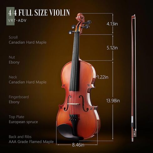 AKLOT Handcrafted Full Size Violin: Solid Wood Matte Fiddle, Acoustic Beginner 4/4 Violin Kit with Hard Case, Lesson Book, Bow, Shoulder Rest, Extra Strings, Tuner, Fretboard Stickers (VRT-AmiMS) in Kuwait