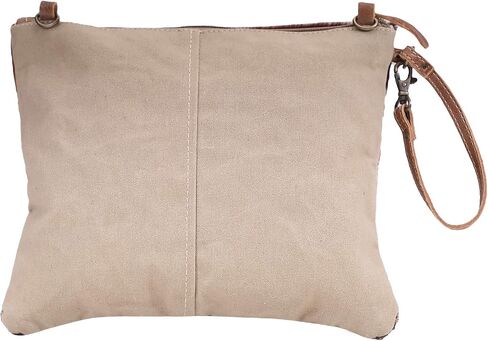 حقيبة Myra Bag من القماش والجلد - تصميم أزتيك باللون الأخضر والبني والأصفر مع سحاب وحزام قابل للتعديل in Kuwait