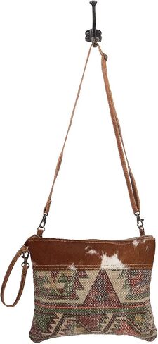 حقيبة Myra Bag من القماش والجلد - تصميم أزتيك باللون الأخضر والبني والأصفر مع سحاب وحزام قابل للتعديل in Kuwait